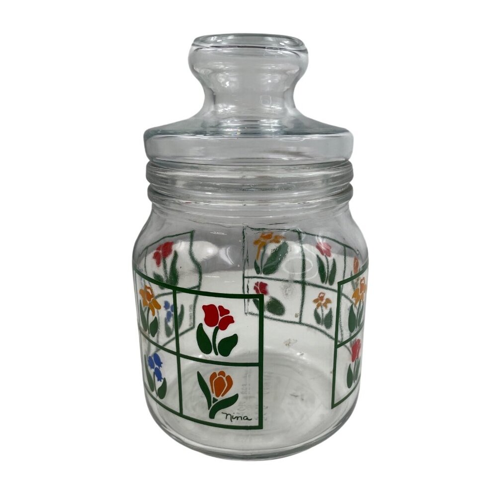 1983 Anchor Hocking Nina Glass Canister w/Colorful Tulips & Glass Lid - Picture 6 of 10